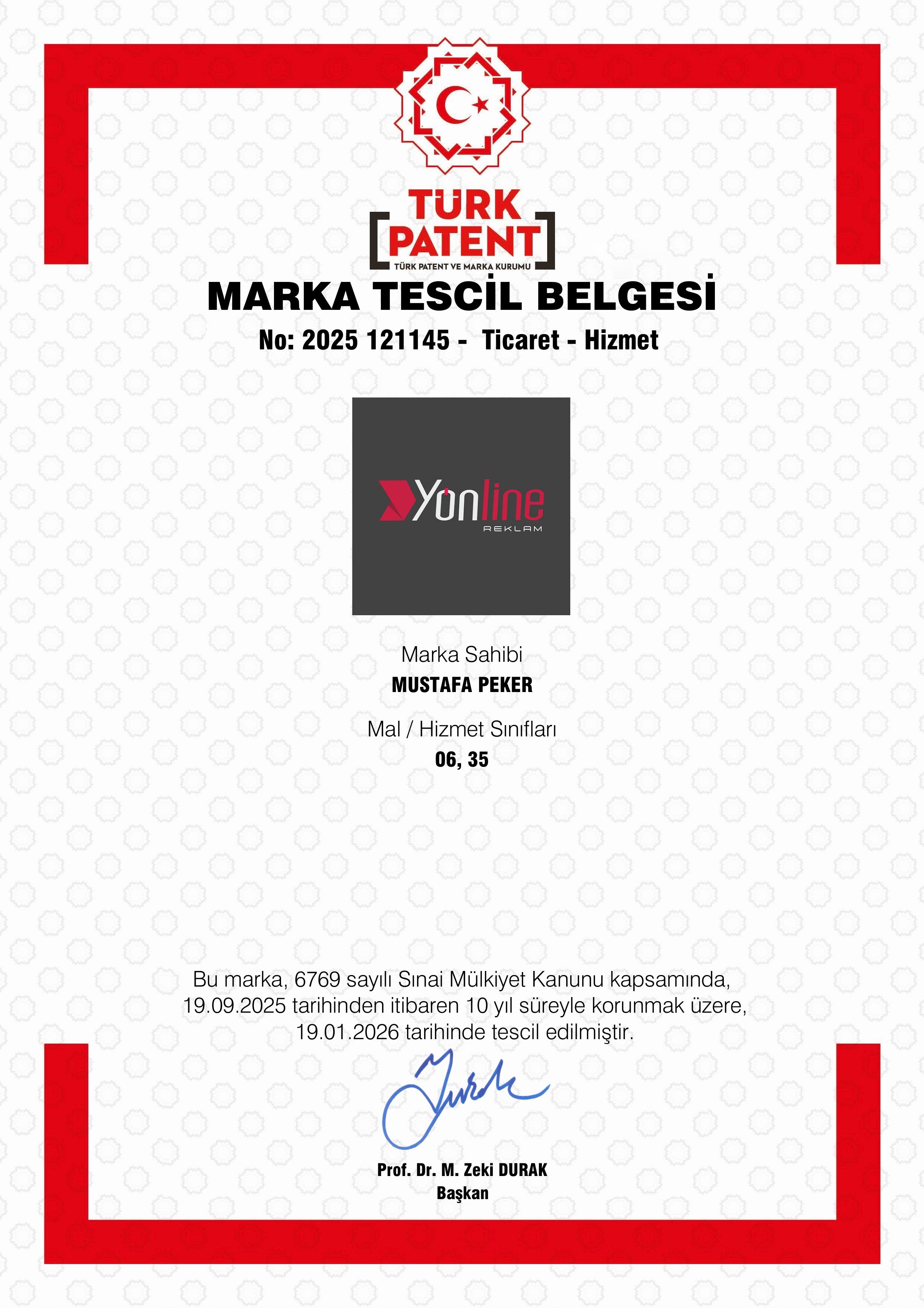 Yönline Reklam Marka Tescil Belgesi